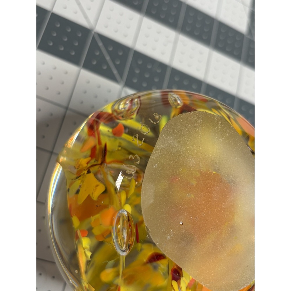 Large Art Glass Yellow & Orange Swirl Paperweight 3.25" x 3.75" Marked W3 2013 - Picture 6 of 6